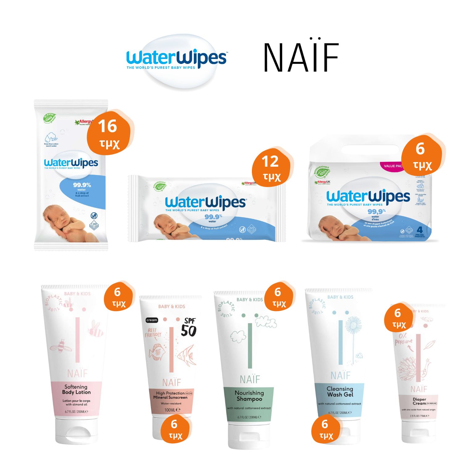 ALL4BABY KIT, WaterWipes Υγρά Μαντηλάκια με 99,9% Νερό X Naif Φυσικά Προϊόντα Βρεφικής Περιποίησης 
